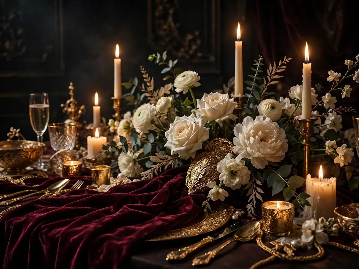Perayaan malam berkelas dengan kain burgundy, bunga ivory, dan cahaya lilin
